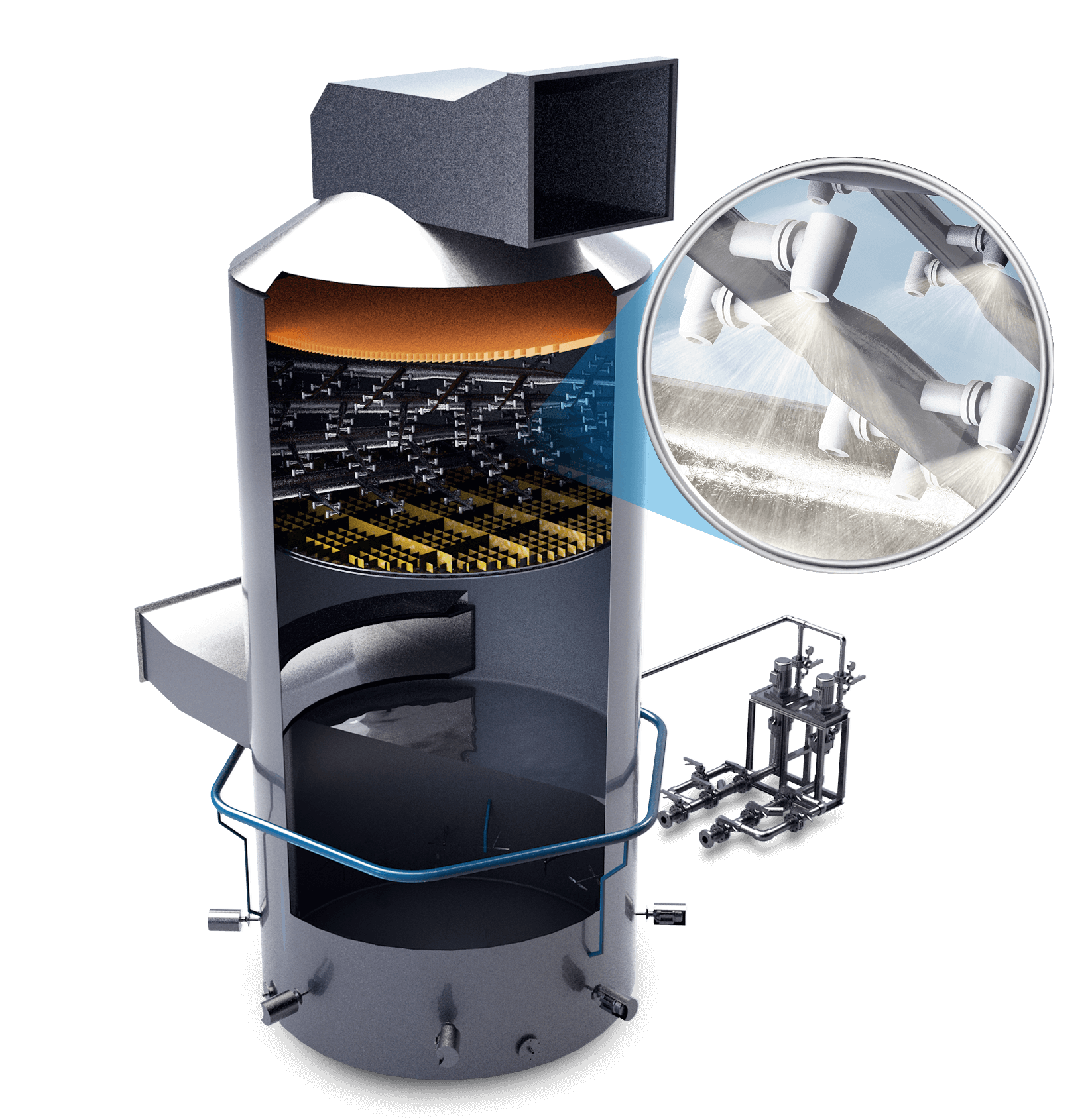 A 3D Illustration of a wet flue gas desulfurization tower.