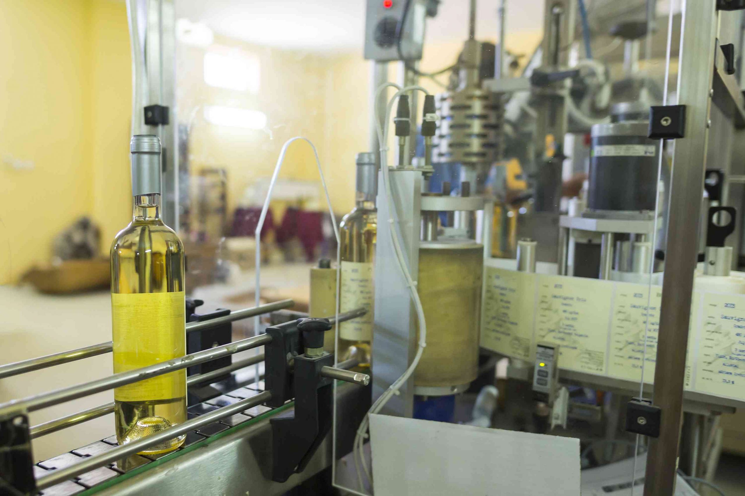 葡萄酒酒瓶在酒厂的标签加工机器中移动gydF4y2Ba