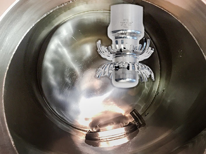 Winery fermentation tank cleaned by the BETE HydroClaw clog-resistant tank cleaning nozzle