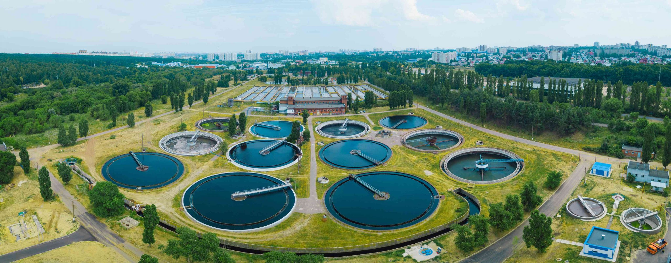 Modern sewage treatment plant, aerial view from drone