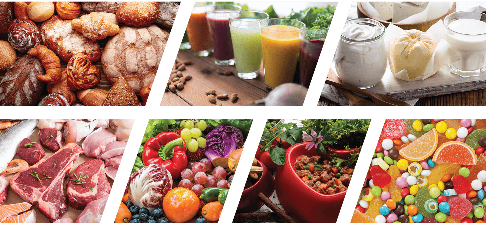 A collage of various food and beverage processing markets including bakeries, beverages, dairy, meat, seafood, produce, pet food, and confectionary.