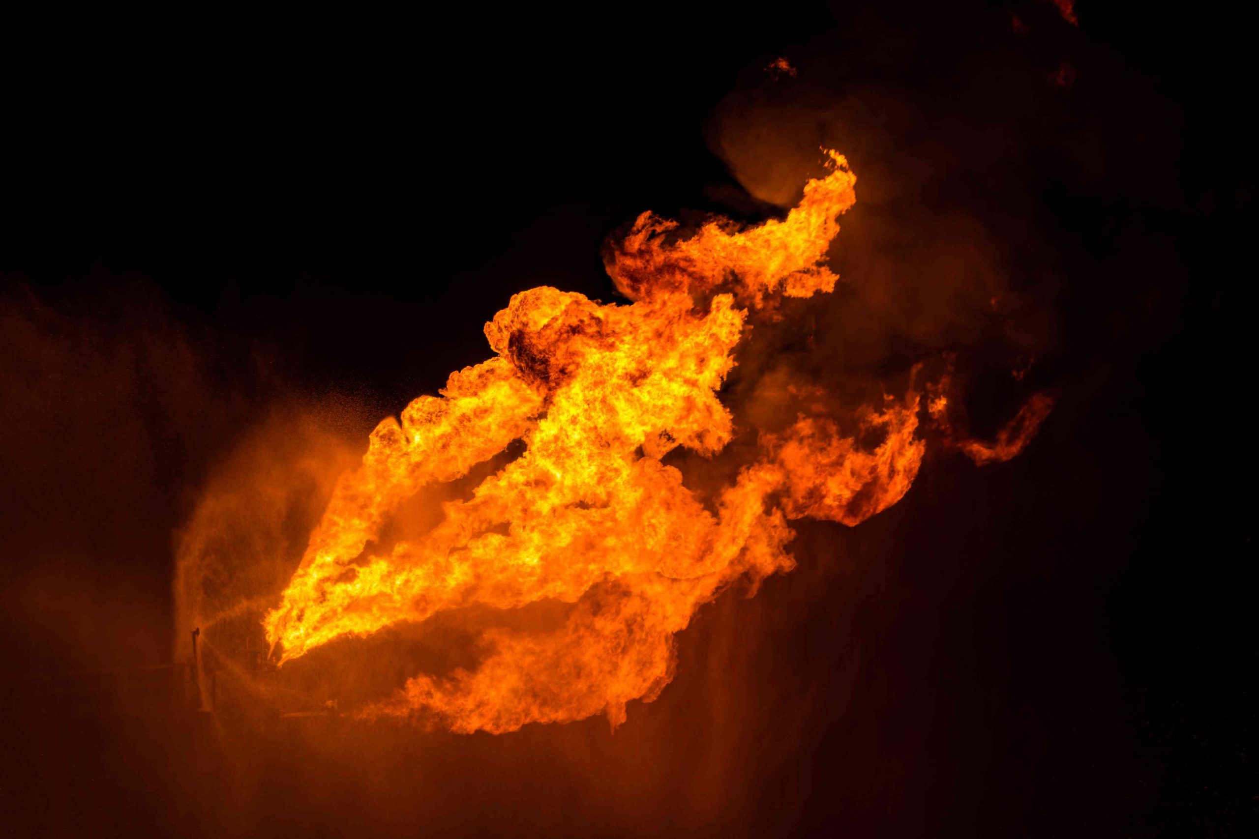 Detail of Well testing operation (flaring) of an oil and gas drilling rig.